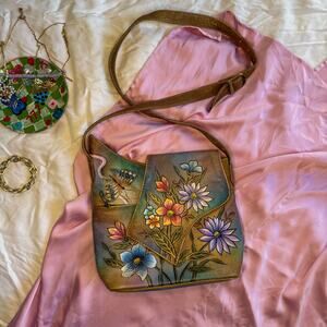 Vtg SORA Hand Painted Leather Crossbody Bag Butterfly Floral Art to Wear Ombre